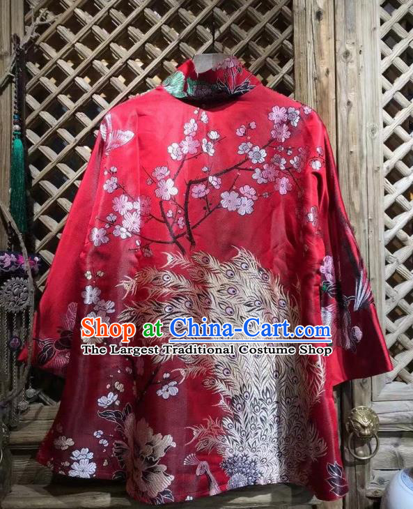 China National Tang Suit Upper Outer Garment Classical Peony Pattern Coat Traditional Red Silk Jacket