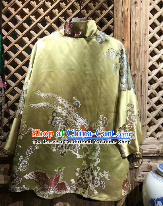 China Classical Mandarin Duck Pattern Coat Traditional Green Silk Jacket National Tang Suit Upper Outer Garment