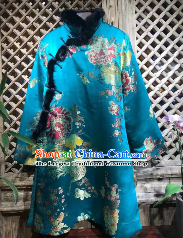 China Traditional Peacock Peony Pattern Jacket National Tang Suit Outer Garment Classical Blue Silk Cotton Wadded Coat