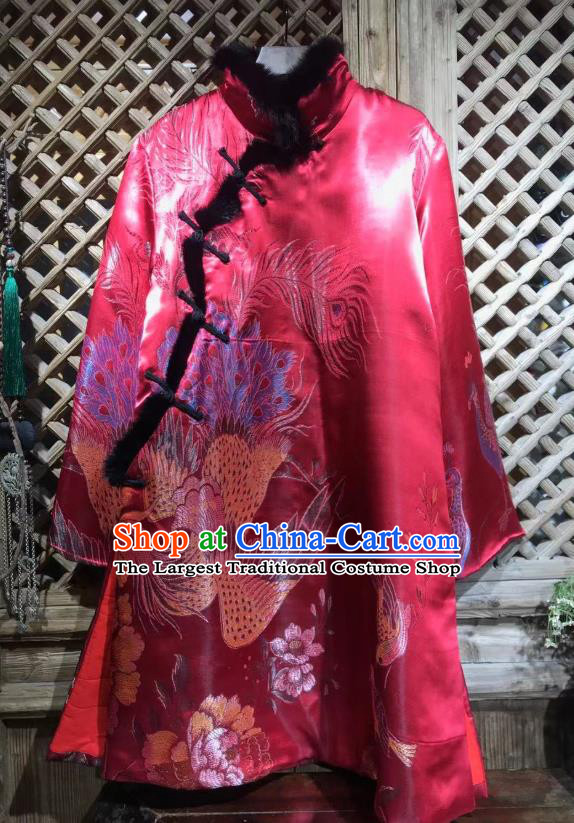 China National Tang Suit Outer Garment Rosy Silk Cotton Wadded Coat Traditional Phoenix Pattern Jacket