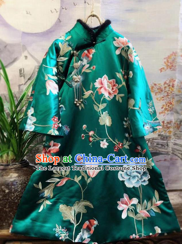 China Traditional Embroidered Peony Cotton Padded Jacket National Tang Suit Outer Garment Green Silk Coat
