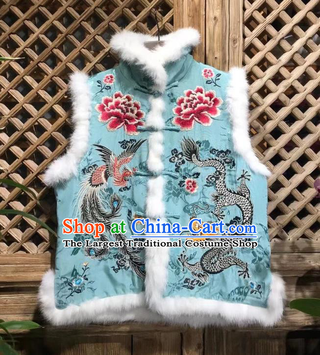 Republic of China Embroidered Dragon Phoenix Vest Tang Suit Blue Silk Waistcoat