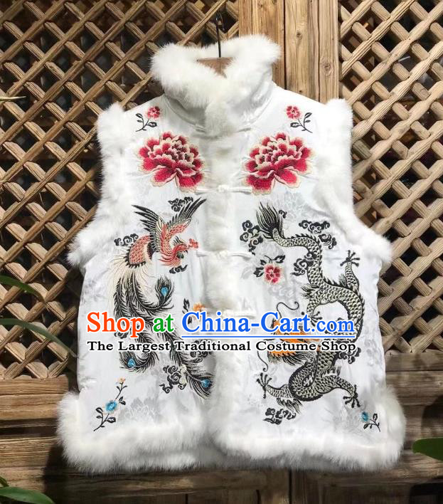 Republic of China Tang Suit White Silk Waistcoat Embroidered Dragon Phoenix Cotton Padded Vest