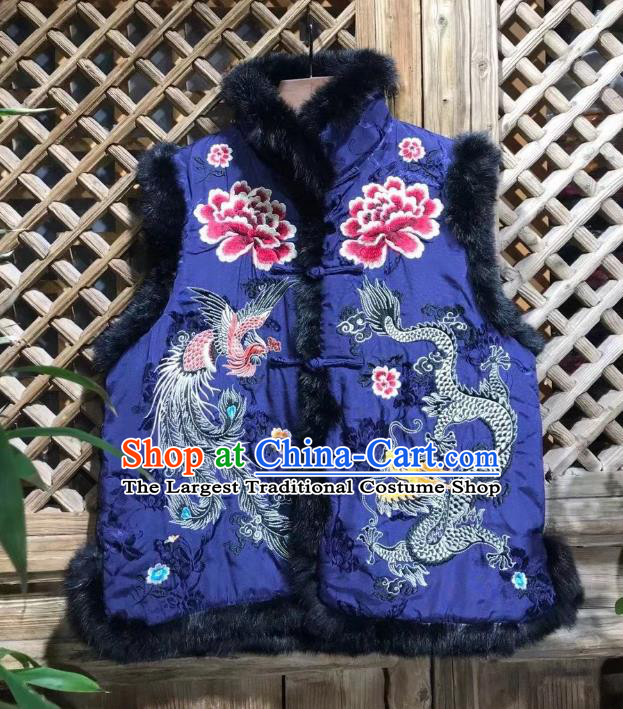 Republic of China Tang Suit Royalblue Silk Waistcoat Embroidered Dragon Phoenix Vest Winter Clothing
