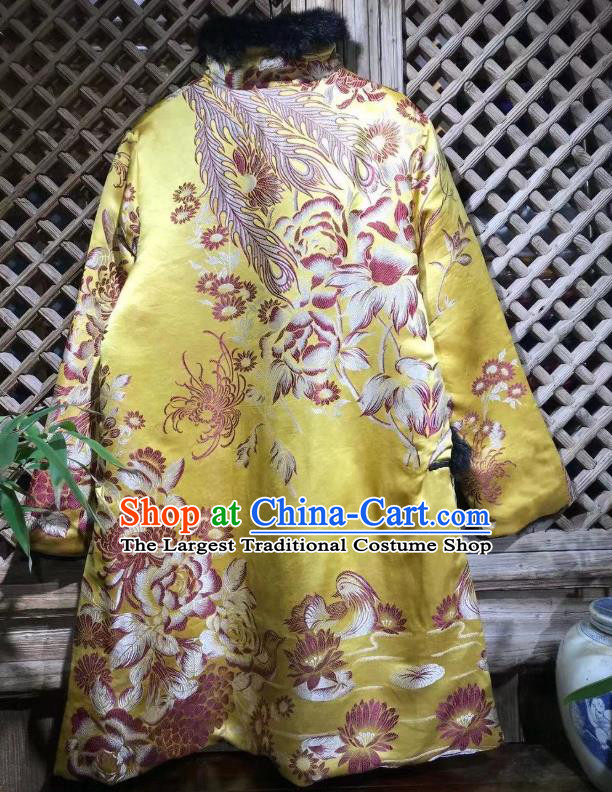 China Traditional Yellow Silk Cotton Wadded Jacket National Tang Suit Outer Garment Classical Chrysanthemum Pattern Coat