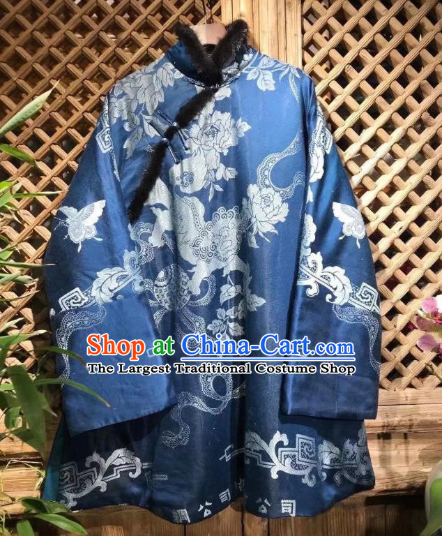China Traditional Kylin Pattern Cotton Wadded Jacket National Tang Suit Outer Garment Classical Blue Silk Coat