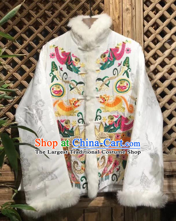 China Tang Suit White Silk Coat Traditional Embroidered Cotton Padded Jacket National Outer Garment