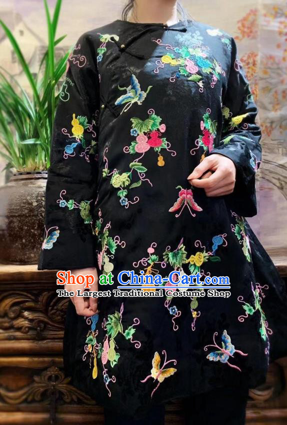 China Tang Suit Black Satin Cotton Padded Coat Traditional Embroidered Butterfly Jacket National Outer Garment