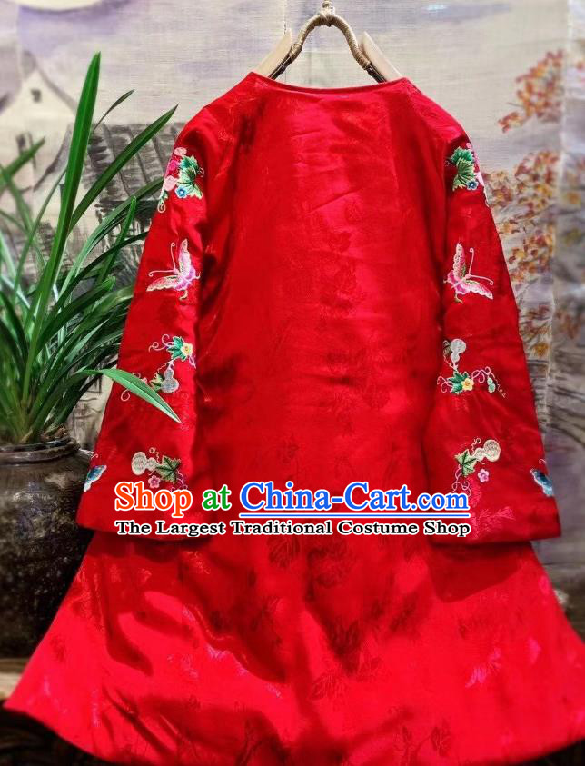 China Traditional Embroidered Butterfly Jacket National Outer Garment Tang Suit Red Satin Cotton Padded Coat