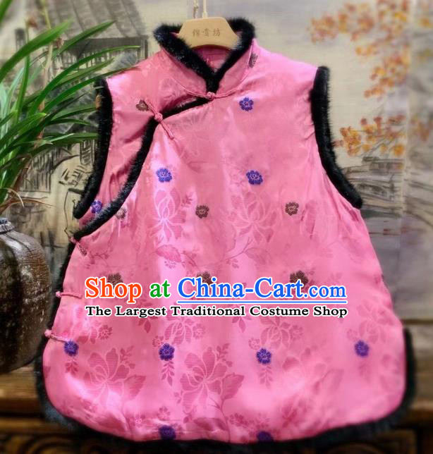 China National Winter Vest Women Clothing Tang Suit Pink Silk Waistcoat