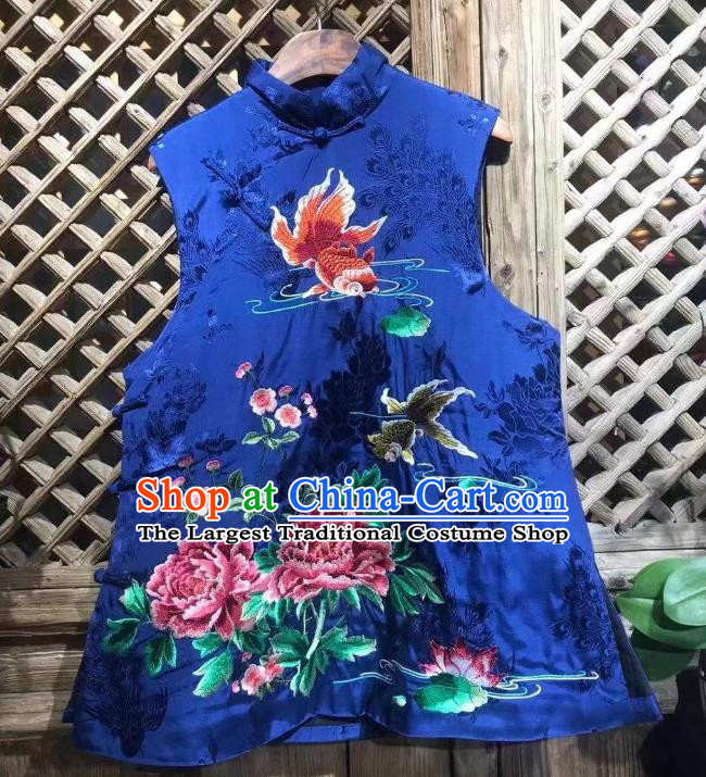 Republic of China Embroidered Peony Vest Clothing Tang Suit Royalblue Silk Waistcoat