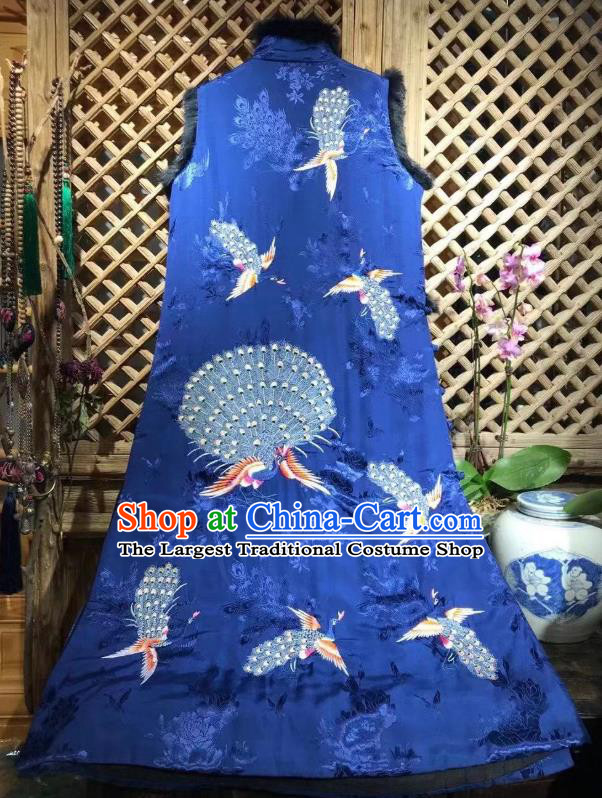 Chinese National Royalblue Silk Qipao Dress Traditional Embroidered Peacock Cheongsam Clothing