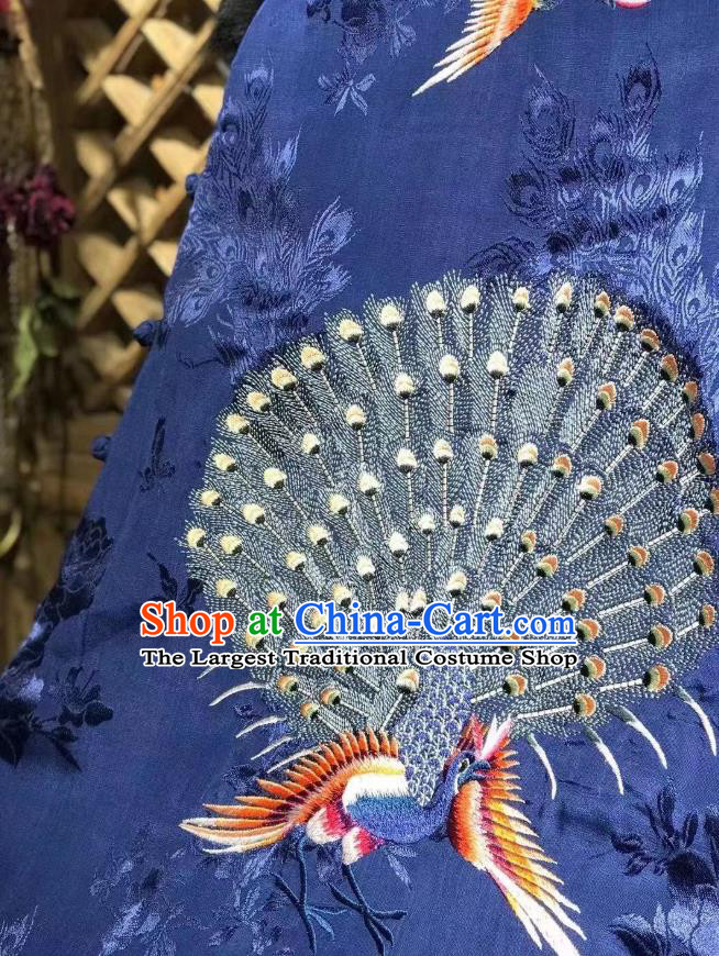 Chinese National Royalblue Silk Qipao Dress Traditional Embroidered Peacock Cheongsam Clothing