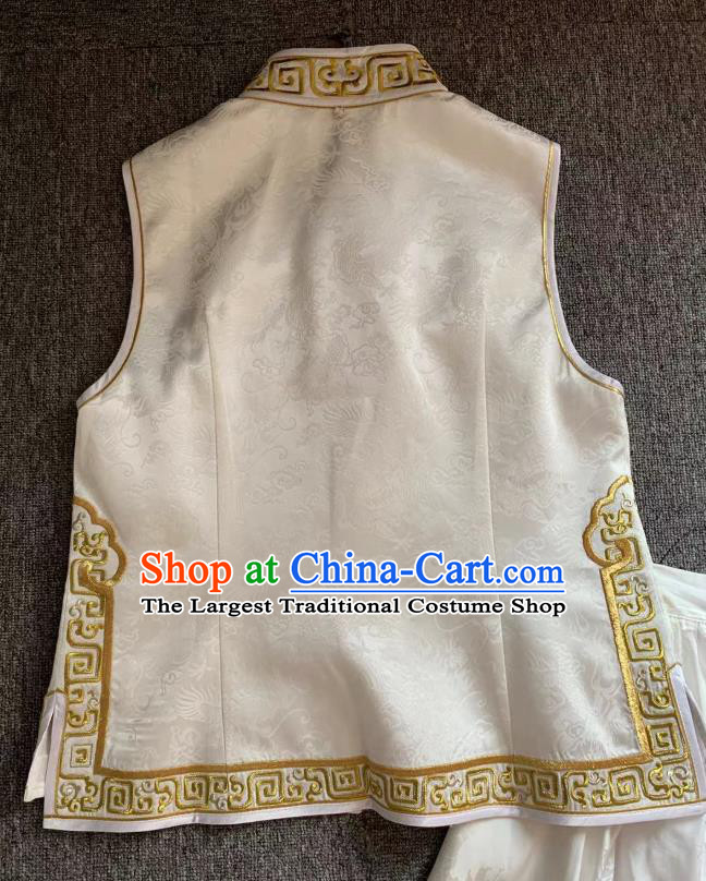 Republic of China Embroidered Dragon Vest Clothing Tang Suit White Silk Waistcoat