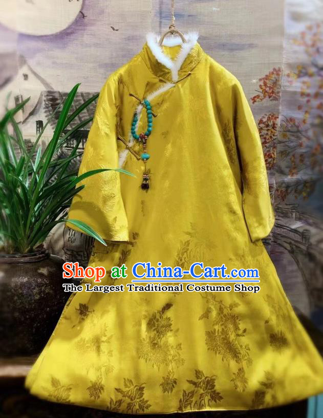 China Tang Suit Cotton Padded Coat Traditional Chrysanthemum Pattern Yellow Silk Jacket National Outer Garment