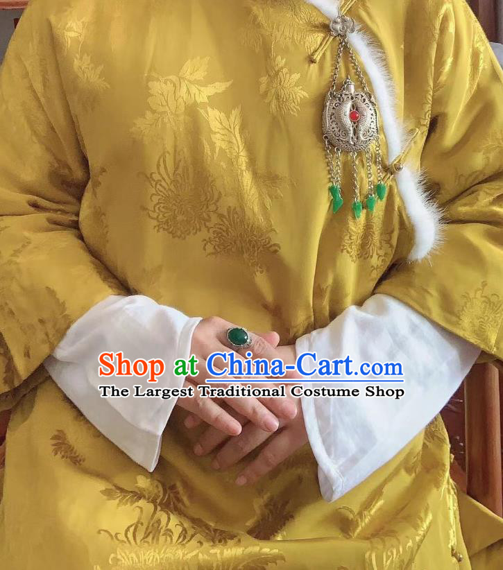 China Tang Suit Cotton Padded Coat Traditional Chrysanthemum Pattern Yellow Silk Jacket National Outer Garment