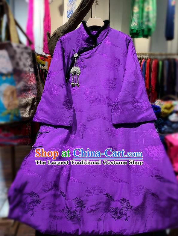 China Traditional Phoenix Pattern Purple Silk Jacket Tang Suit Cotton Padded Coat National Women Outer Garment