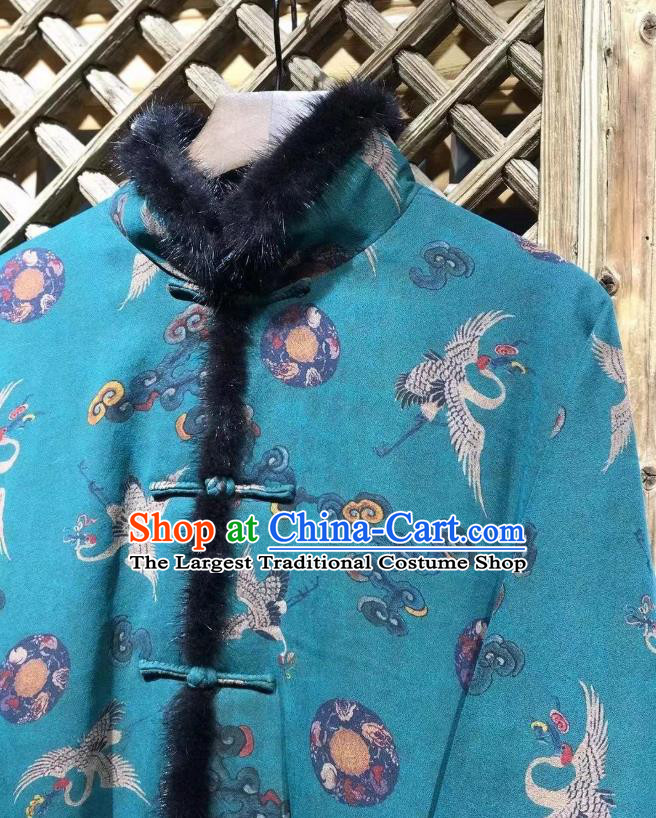 China National New Year Outer Garment Traditional Cranes Pattern Blue Jacket Tang Suit Cotton Padded Coat