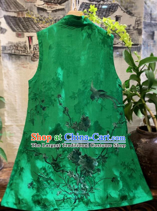 China Embroidered Phoenix Vest Tang Suit Green Silk Waistcoat National Clothing
