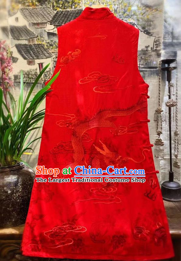 China Tang Suit Red Silk Waistcoat National Clothing Embroidered Goldfish Long Vest