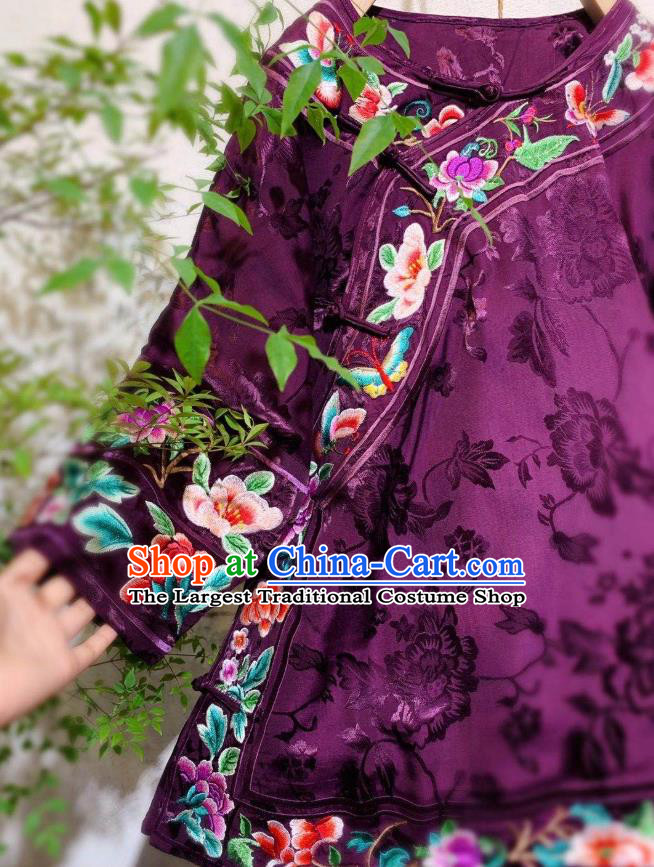 China Traditional Qing Dynasty Women Purple Silk Jacket Tang Suit Embroidered Blouse