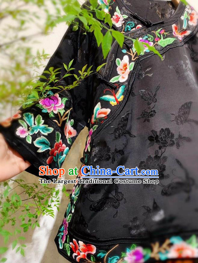 China Tang Suit Embroidered Blouse Traditional Qing Dynasty Women Black Silk Jacket