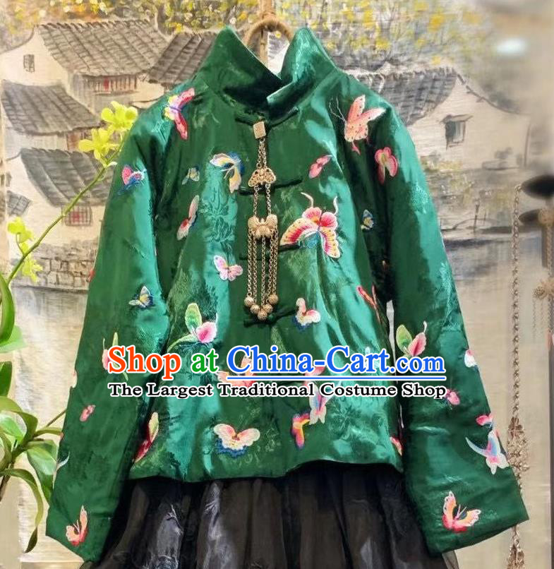 China Traditional Embroidered Butterfly Green Silk Jacket Tang Suit Cotton Padded Coat Clothing