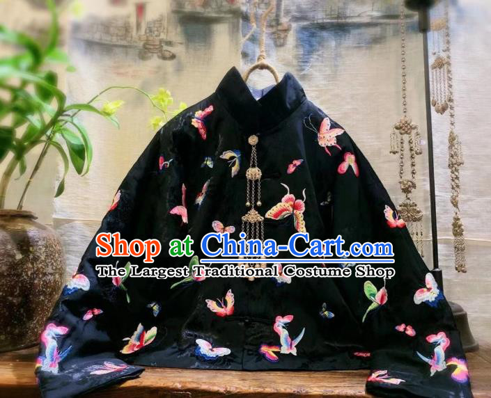 China Tang Suit Clothing Traditional Embroidered Butterfly Black Silk Jacket Cotton Padded Coat
