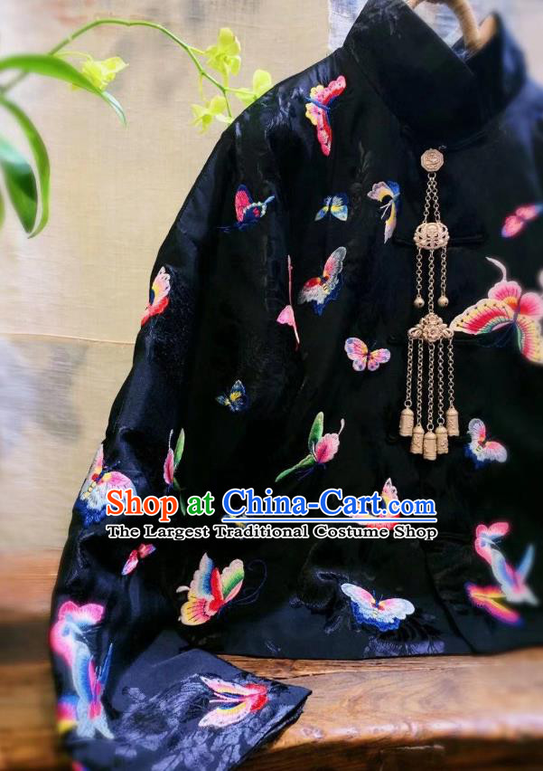 China Tang Suit Clothing Traditional Embroidered Butterfly Black Silk Jacket Cotton Padded Coat