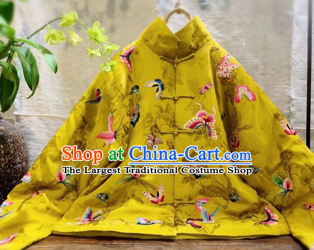 China Traditional Embroidered Butterfly Yellow Silk Jacket Cotton Padded Coat Tang Suit Clothing