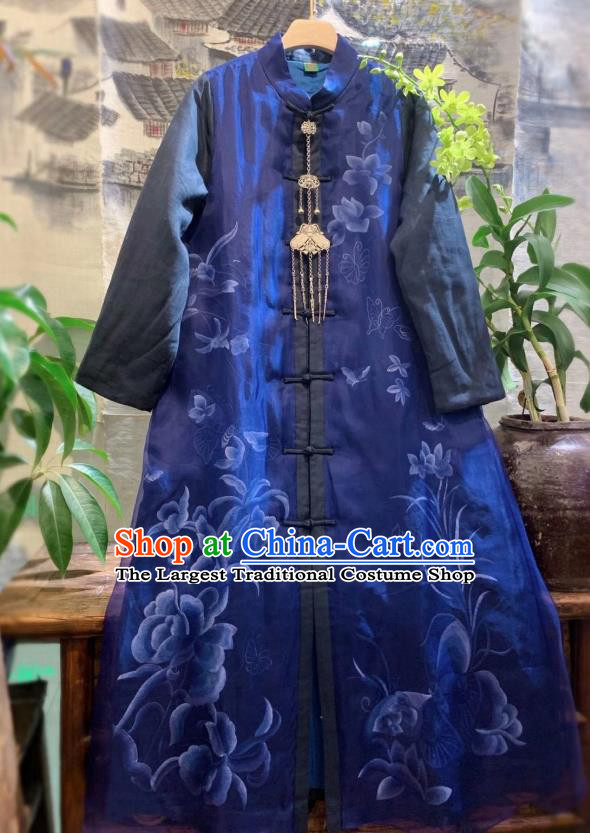 China National Outer Wear Traditional Deep Blue Silk Dust Coat Tang Suit Clothing