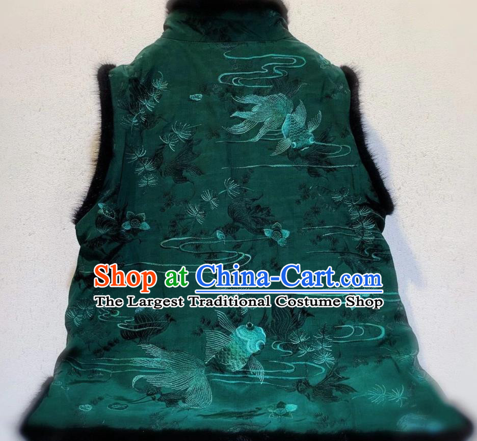 China Tang Suit Green Silk Waistcoat National Female Clothing Embroidered Goldfish Cotton Wadded Vest