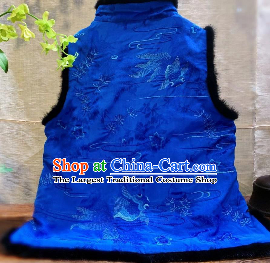 China Tang Suit Royalblue Silk Waistcoat National Winter Clothing Embroidered Goldfish Vest
