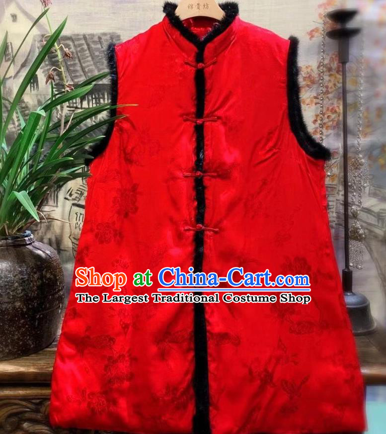 China National Butterfly Pattern Vest Women Upper Outer Garment Clothing Tang Suit Red Waistcoat