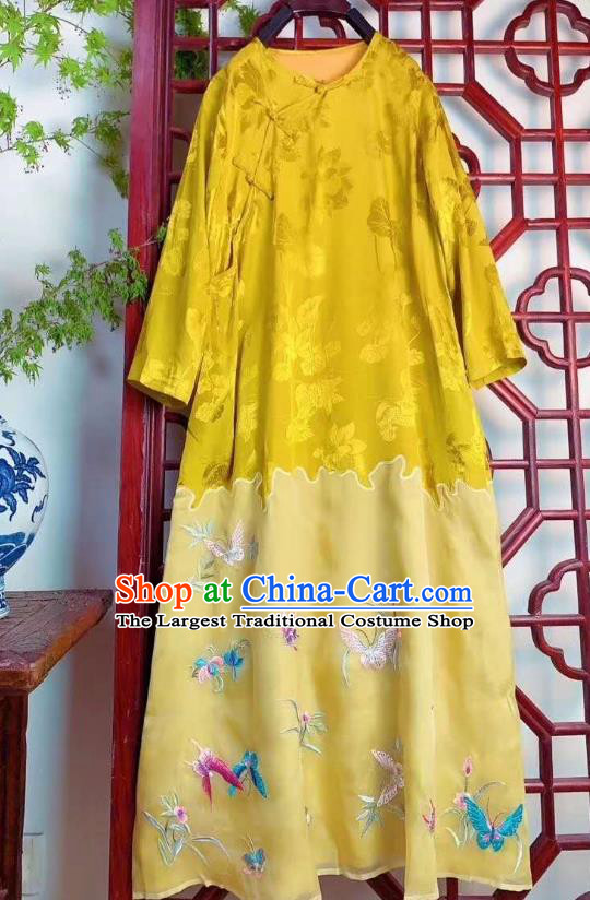 Traditional Chinese Yellow Silk Cheongsam Embroidered Butterfly Long Qipao Dress National Clothing