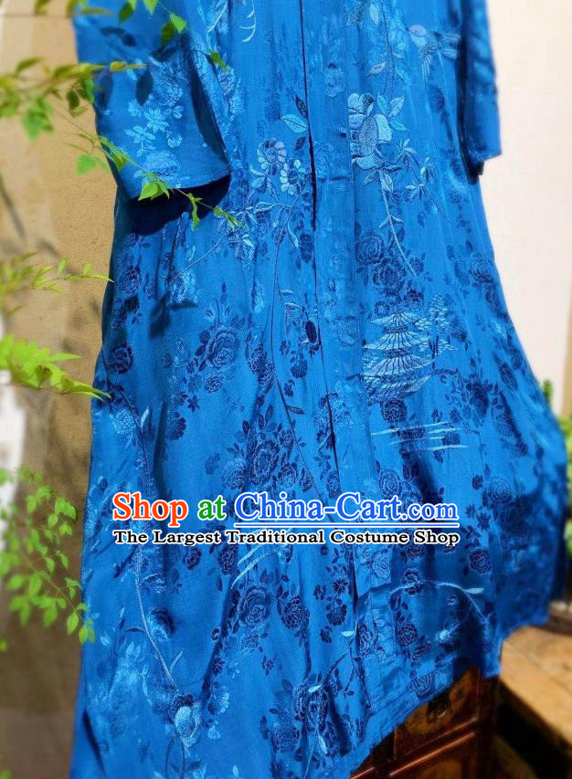 Traditional Chinese Royalblue Silk Cheongsam National Clothing Embroidered Long Qipao Dress