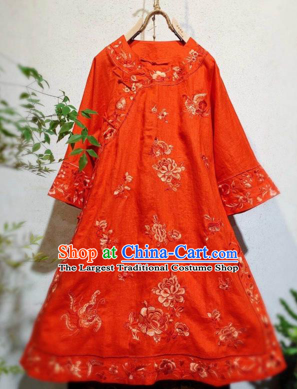Chinese National Woman Clothing Embroidered Orange Flax Qipao Dress Traditional Round Collar Cheongsam