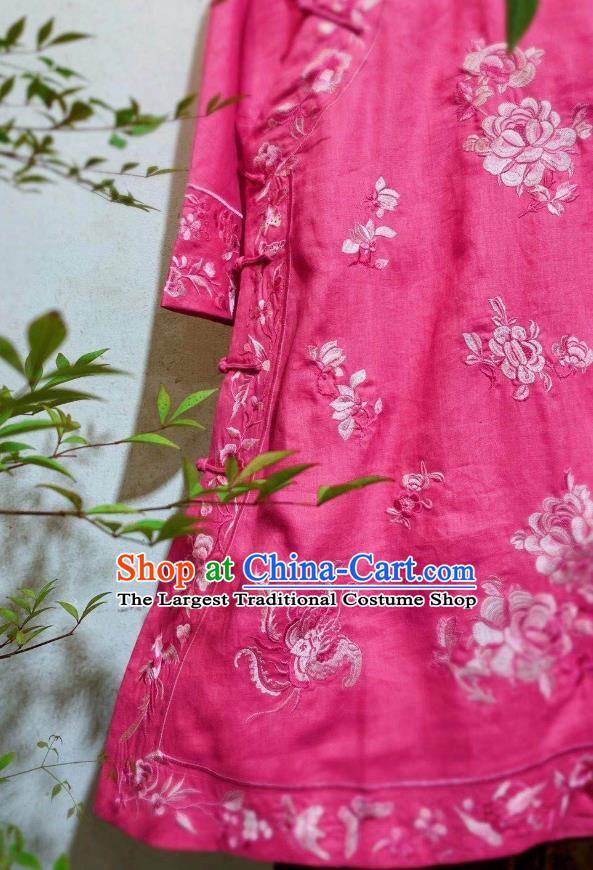 Chinese Embroidered Pink Flax Qipao Dress Traditional Round Collar Cheongsam National Clothing