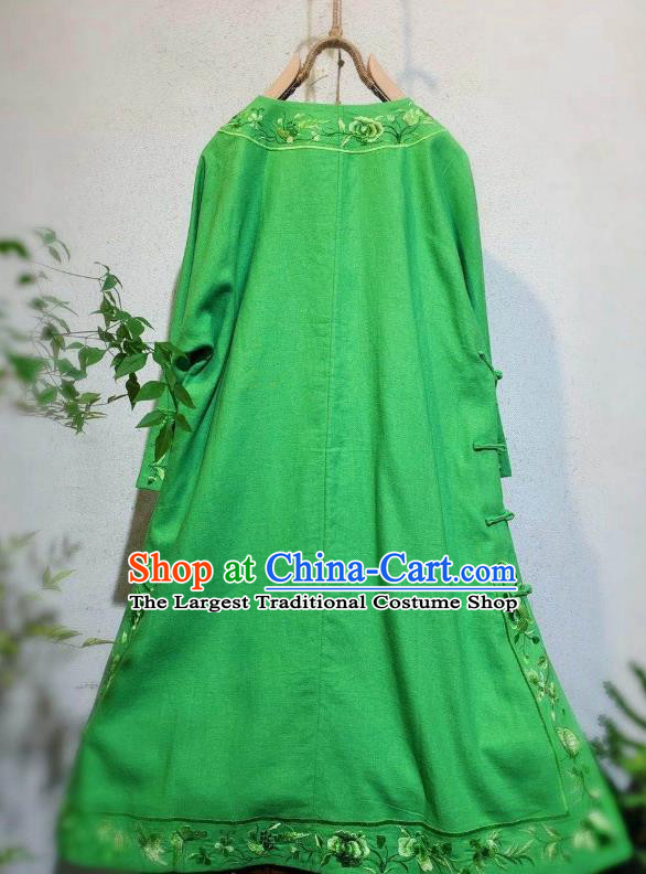 Chinese Traditional Embroidered Round Collar Cheongsam National Woman Clothing Green Flax Qipao Dress