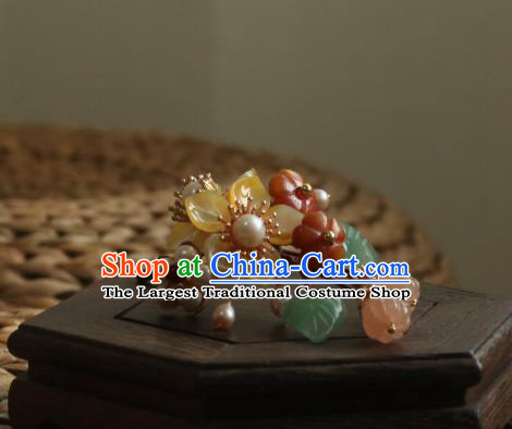 Chinese Handmade Pearls Agate Hairpin Traditional Hanfu Hair Accessories Ancient Princess Flowers Hair Stick