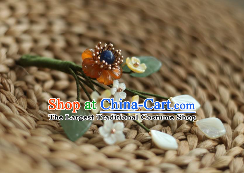 Chinese Handmade Agate Plum Hairpin Traditional Hanfu Hair Accessories Ancient Princess Shell Flowers Hair Stick
