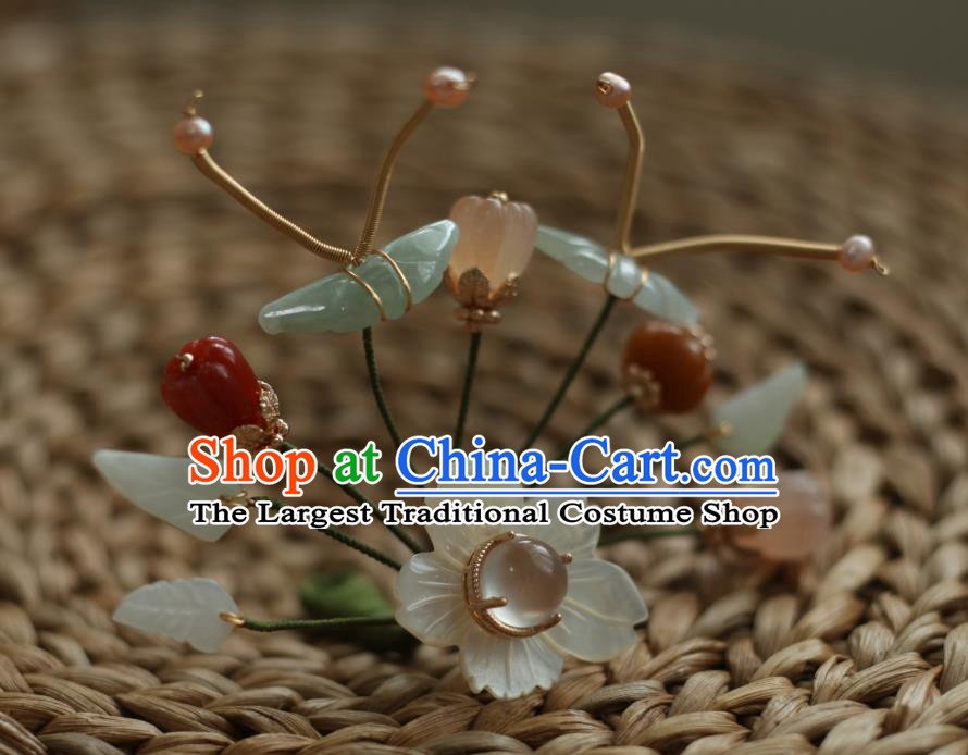 Chinese Handmade Pearls Hairpin Traditional Hanfu Hair Accessories Ancient Princess Jade Butterfly Hair Stick