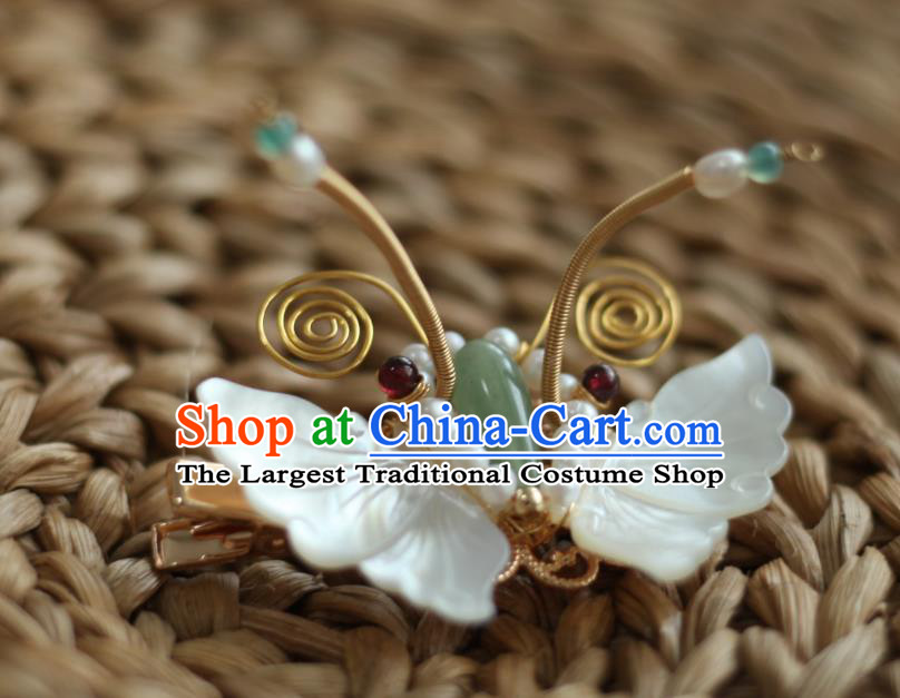 Chinese Handmade Song Dynasty White Shell Butterfly Hairpin Traditional Hanfu Hair Accessories Ancient Princess Pearls Hair Stick