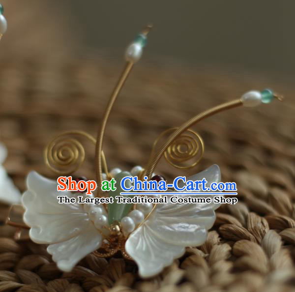 Chinese Handmade Jade Pearls Hairpin Traditional Hanfu Hair Accessories Ancient Princess White Shell Butterfly Hair Claw