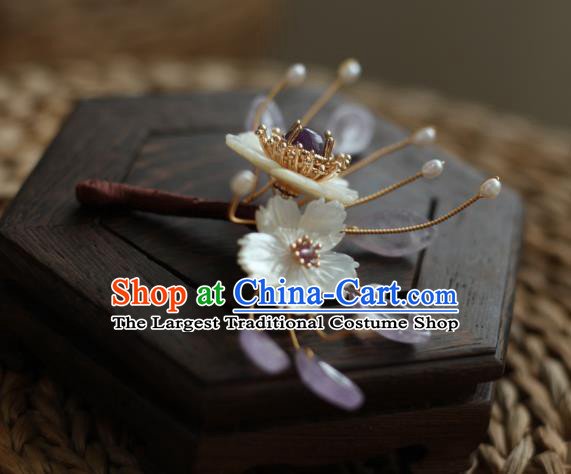 Chinese Handmade Shell Hairpin Traditional Hanfu Hair Accessories Ancient Princess Amethyst Hair Stick