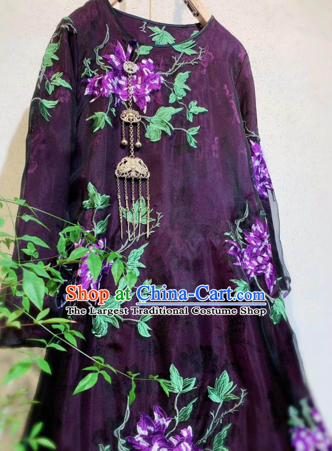 Chinese National Clothing Deep Purple Silk Qipao Dress Traditional Embroidered Cheongsam