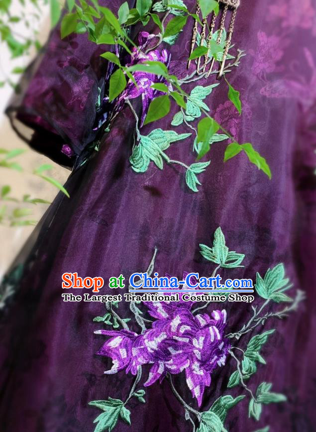 Chinese National Clothing Deep Purple Silk Qipao Dress Traditional Embroidered Cheongsam