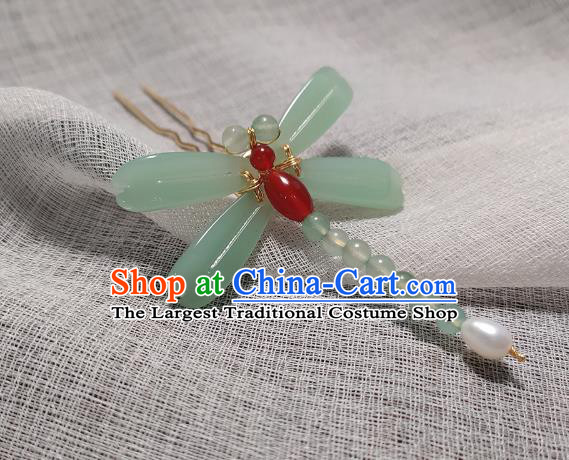 Chinese Handmade Green Dragonfly Hairpin Traditional Hanfu Hair Accessories Ancient Princess Agate Hair Stick