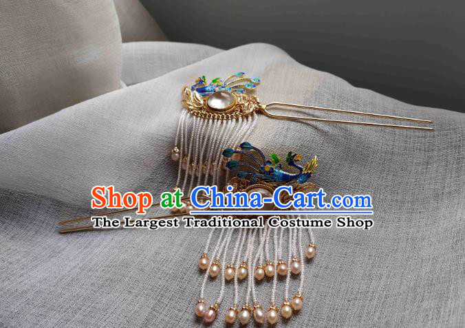 Chinese Handmade Blueing Phoenix Hairpin Traditional Ming Dynasty Hanfu Hair Accessories Ancient Empress Pearls Tassel Hair Stick