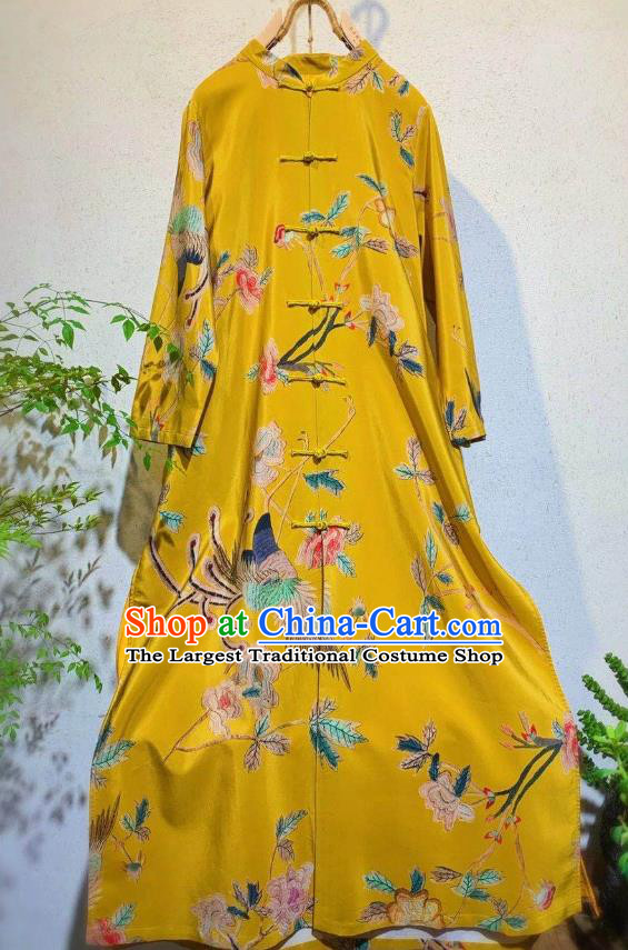 Chinese National Clothing Printing Phoenix Peony Qipao Dress Traditional Yellow Cheongsam